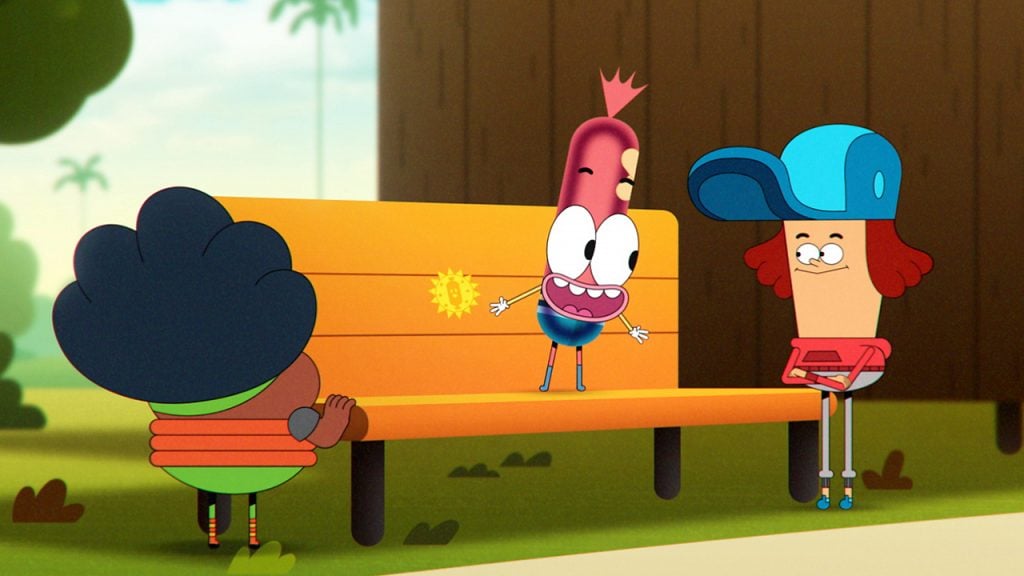 Promo image for Pinky Malinky show kids hanging on out a park bench