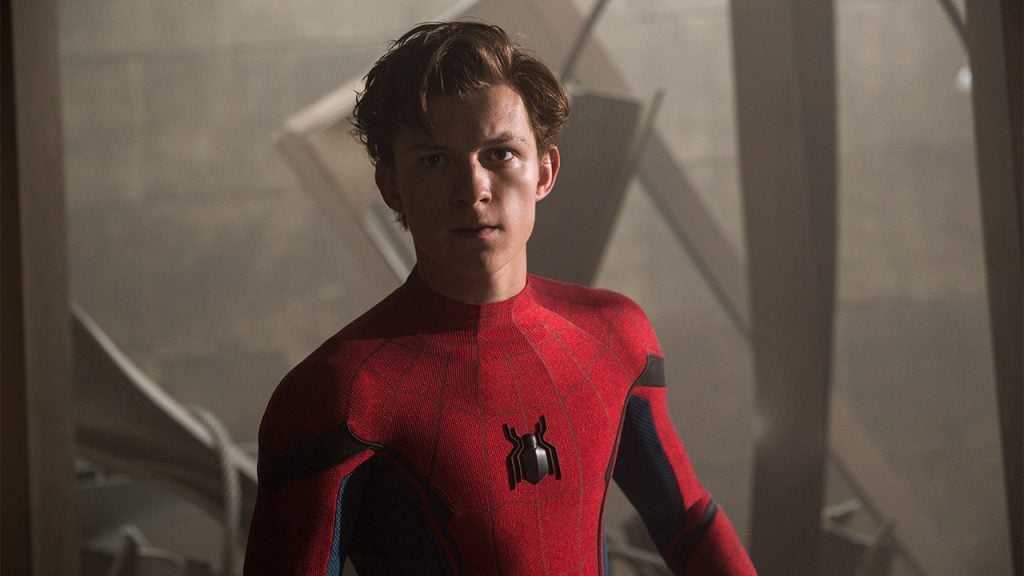 Promo image for Spider-Man Homecoming showing Spiderman looking concerned