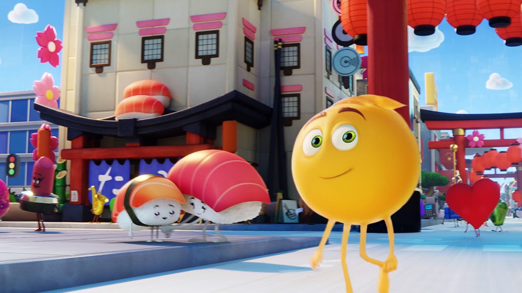 Promo image for the Emoji Movie showing emojis walking in a town square