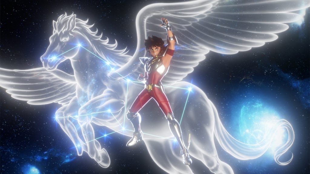 Promo image for Saint Seiya: Knights of the Zodiac showing a super hero in from of a pegasus constellation
