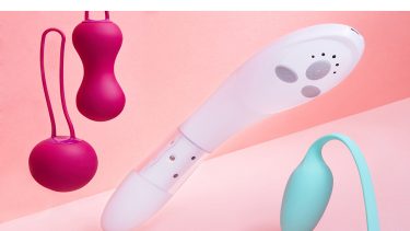 Three different pelvic floor trainers in pink, white and blue