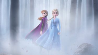 Princess Anna and Queen Elsa standing in the mist in the forest