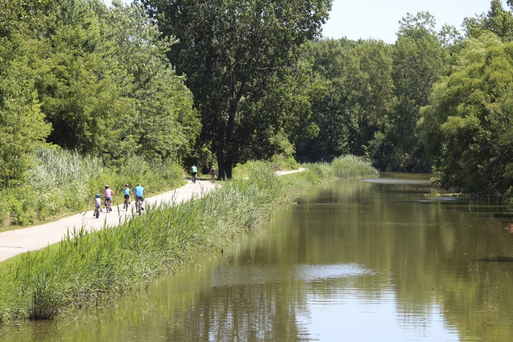 a family biking on a trail by a river