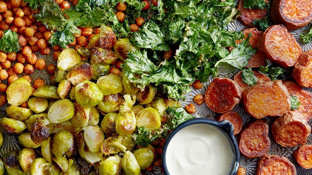 tray of roasted veggies with white sauce easy dinner recipes for family