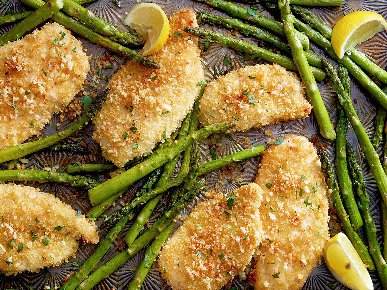 Chicken cutlets and roasted asparagus sheet pan