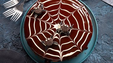 chocolate cake with spider web design
