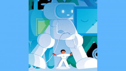 kid surrounded by robots and machines