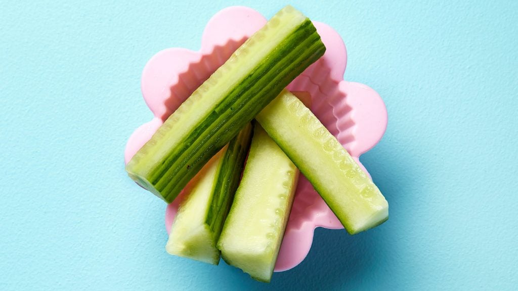 cucumber sticks in a flower-shaped pink cup