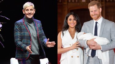 Photo composite of a picture of Ellen Degeneres next to a photo from when Meghan and Prince Harry debuted baby Archie