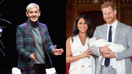 Photo composite of a picture of Ellen Degeneres next to a photo from when Meghan and Prince Harry debuted baby Archie