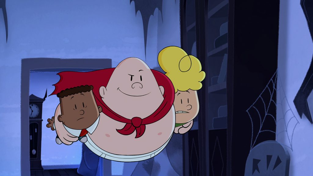 captain underpants rescuing two boys from a haunted house