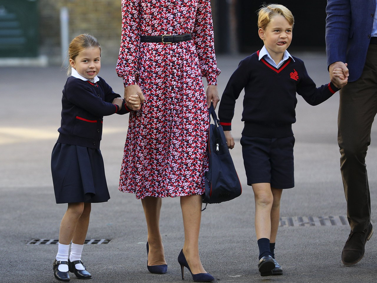 princess charlotte and prince george in navy uniforms heading to school