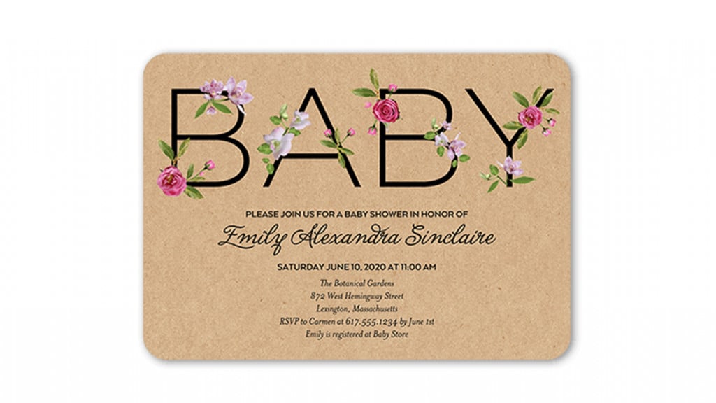 Baby shower invitation on brown paper with floral design