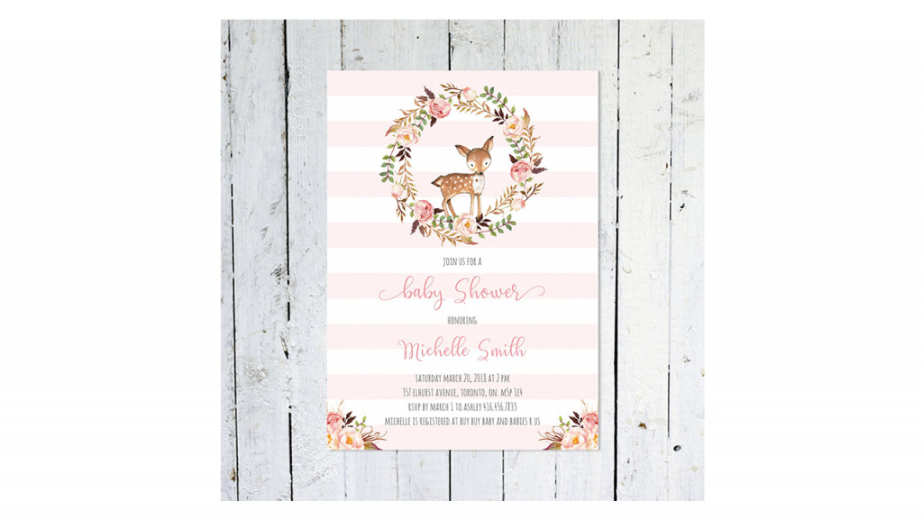Baby shower invitation with deer in wreath design, pink and white striped background