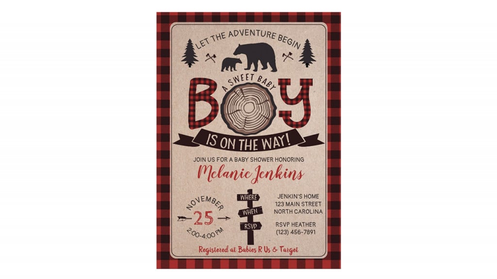 Lumberjack style baby shower invitation with plaid pattern frame and bear graphics