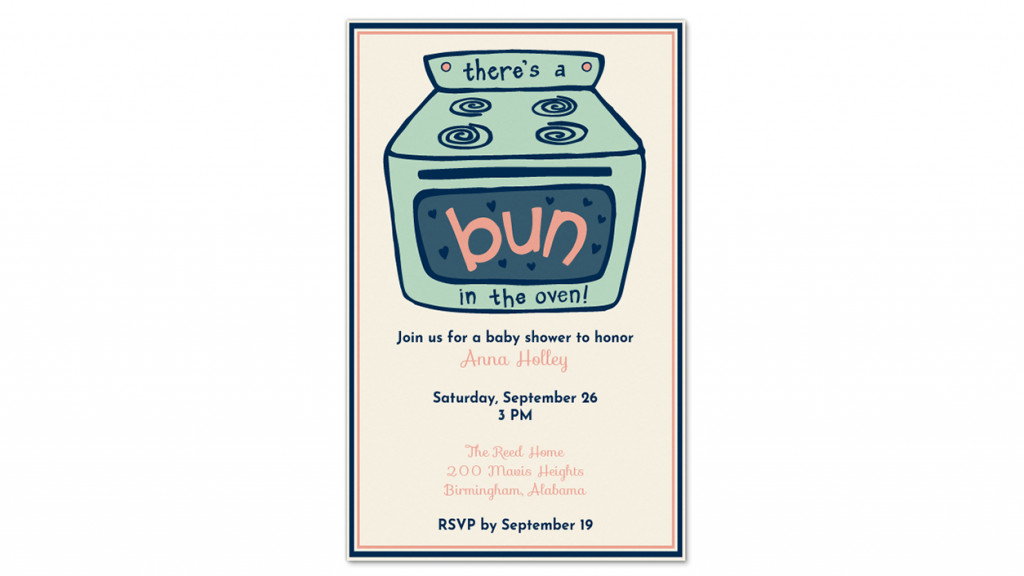 Baby shower invitation that says there's a bun in the oven, with oven graphic