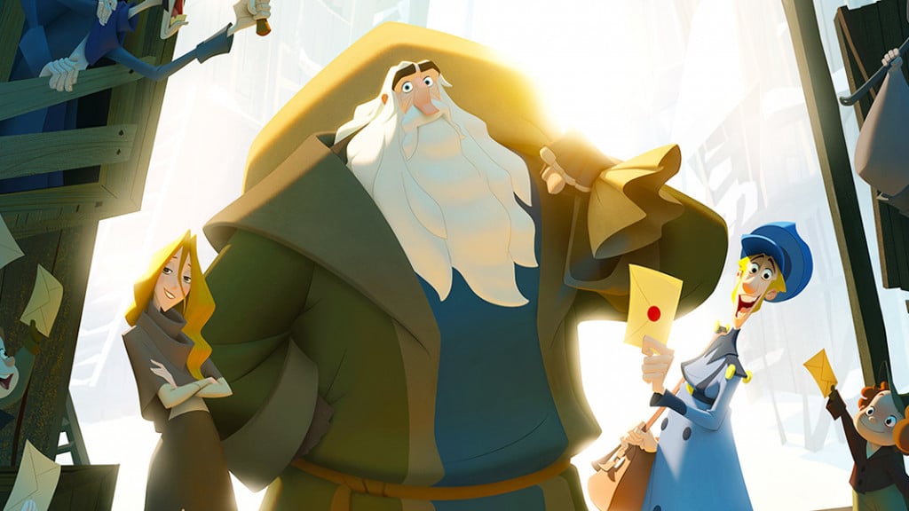 an animated tall man with a long white beard, a mail man and a woman stand and pose