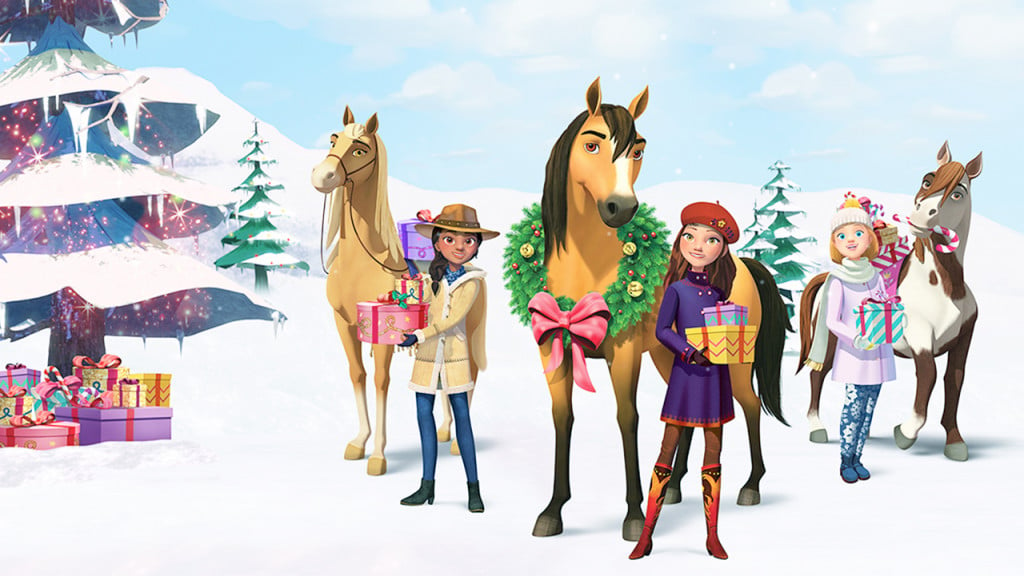 animated kids and their horses standing in the snow next to a Christmas tree