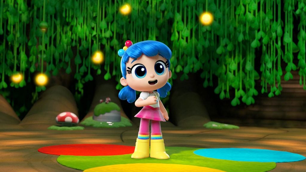 an animated girl with blue hair standing in a forest clearing