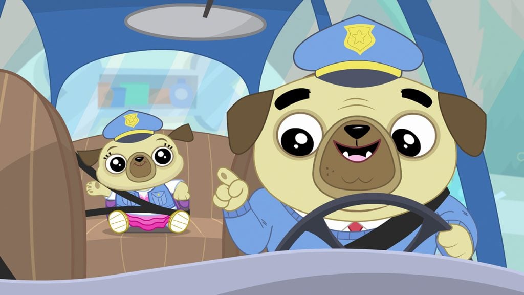 a pug and his young daughter ride in a car wearing police hats