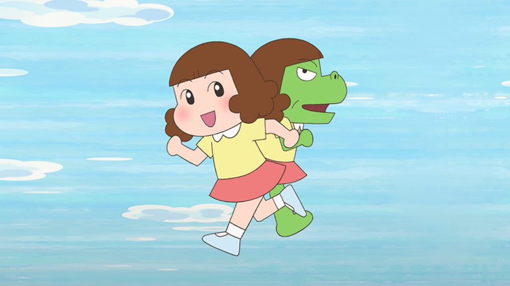 animated girl with her dinosaur alter ego peeking behind her