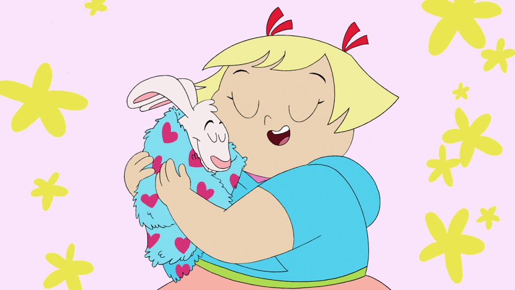 little animate girl hugs a bunny wrapped in a blanket