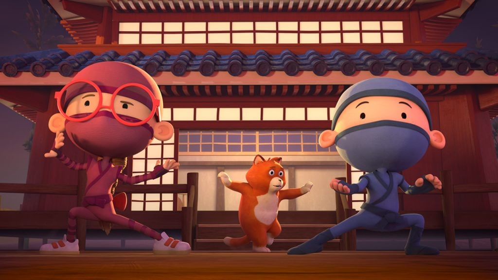 two ninja friends and their cat poses in front of a temple