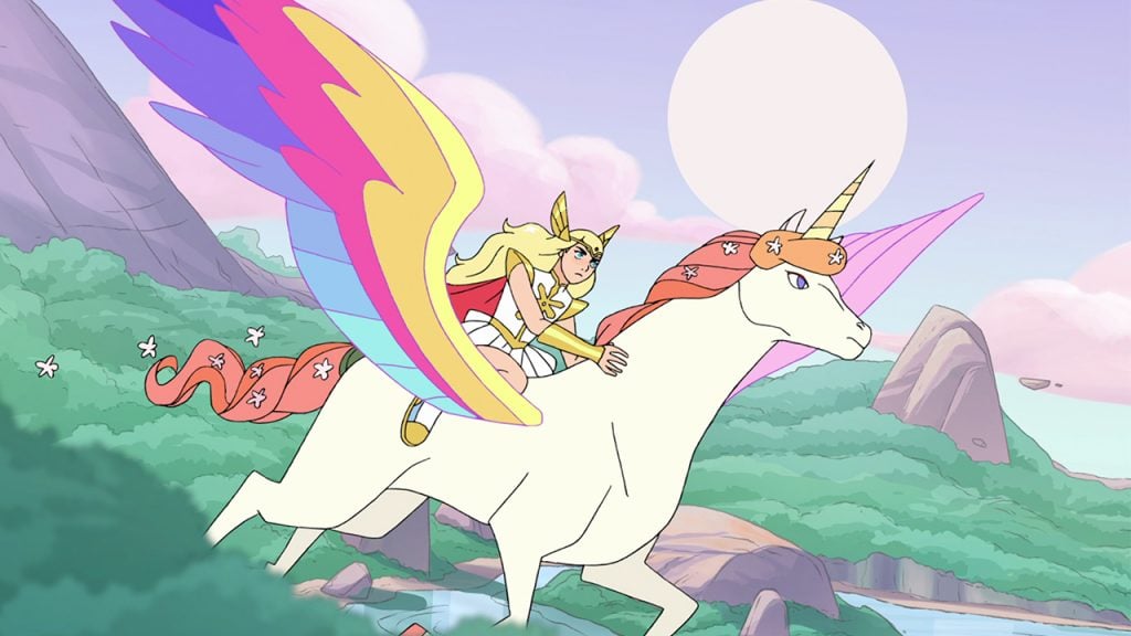 super hero rides her rainbow-winged horse