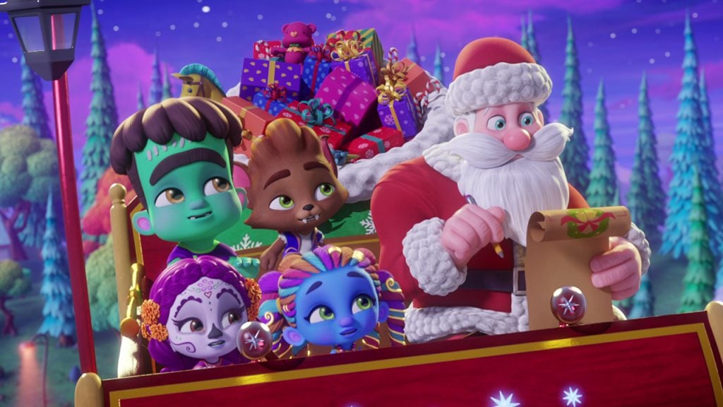 Super monsters riding in santa's sleigh while he checks his list