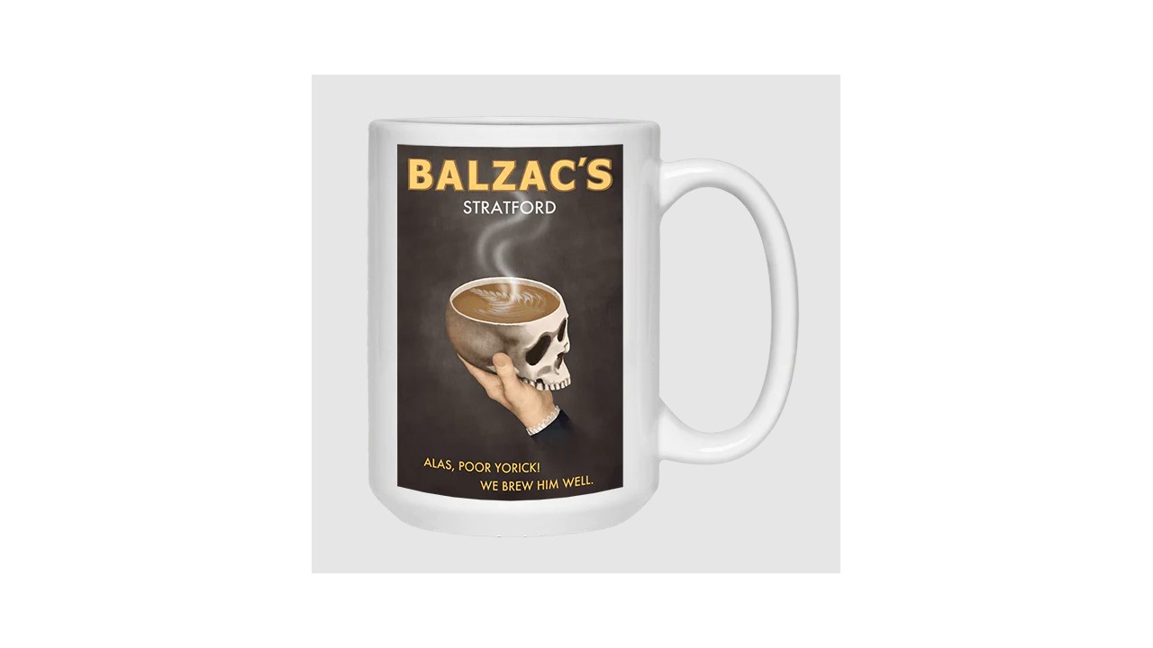 coffee mug with skull motif on it