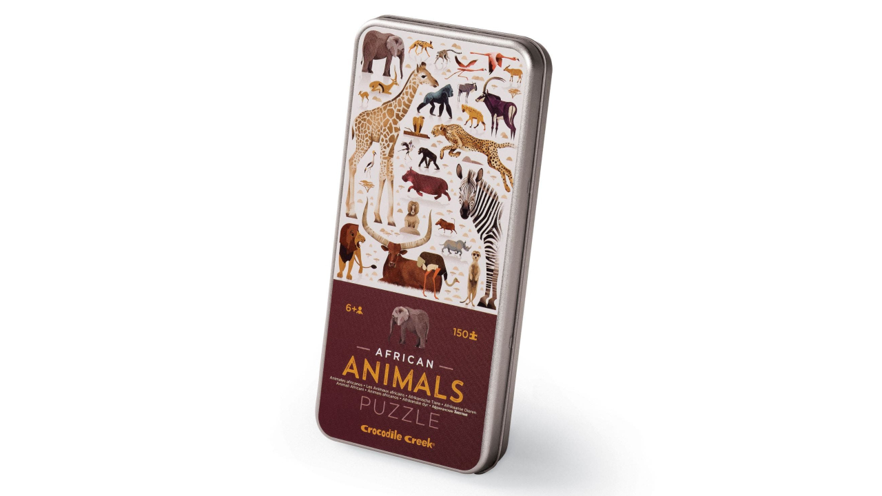 150-piece puzzle in a tin with illustrated African animals