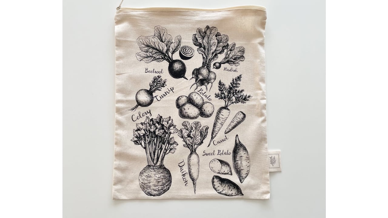 Cotton bags for produce or bulk shopping featuring different root vegetables