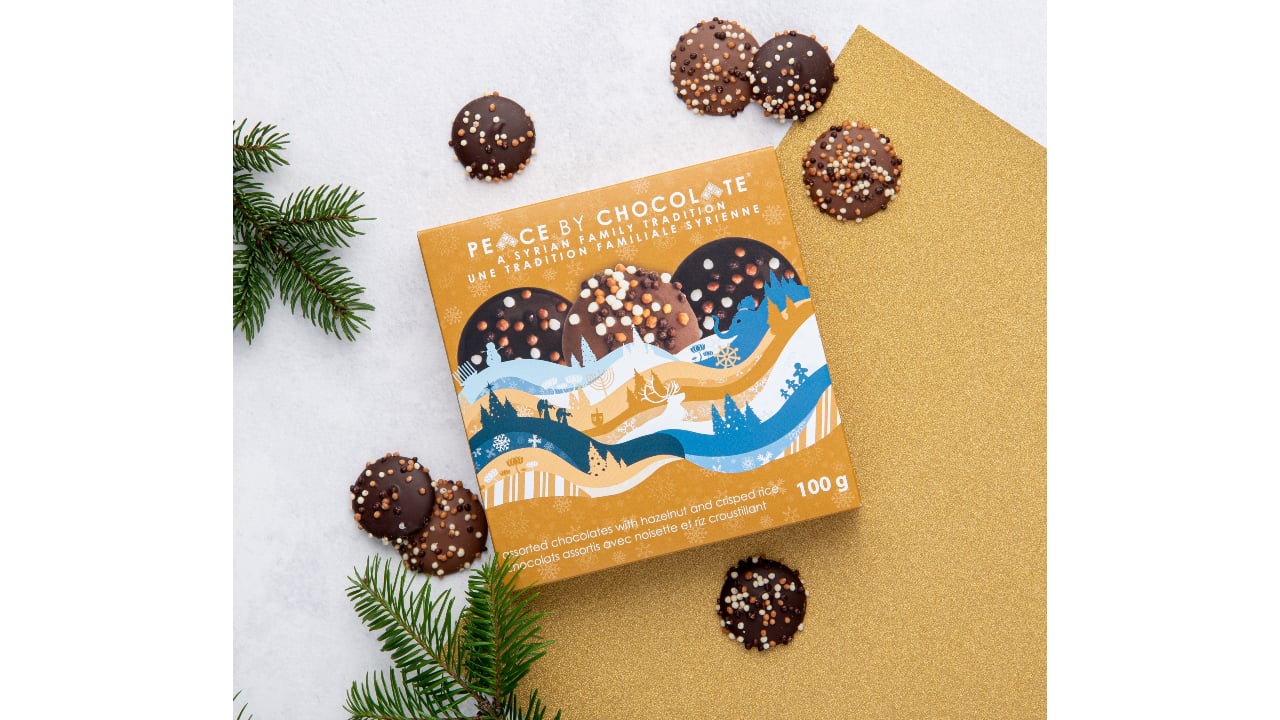 holiday sliders 3 pack combines hazelnut, milk and dark chocolates with a topping of crispy rice pearls