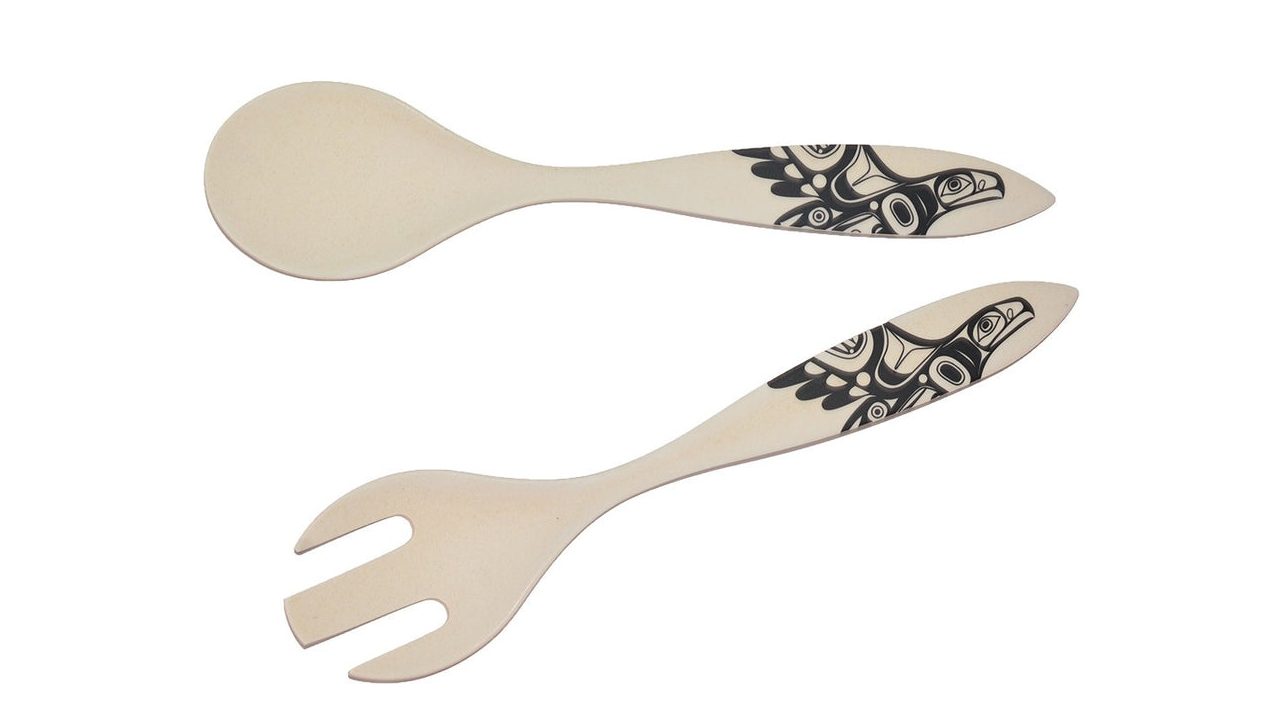 Eco-friendly organic bamboo fibre salad servers feature beautiful First Nations screen printed design