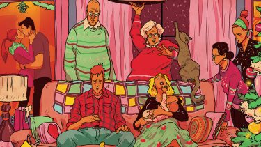 Illustration of an exhausted couple on the couch at a family Christmas party