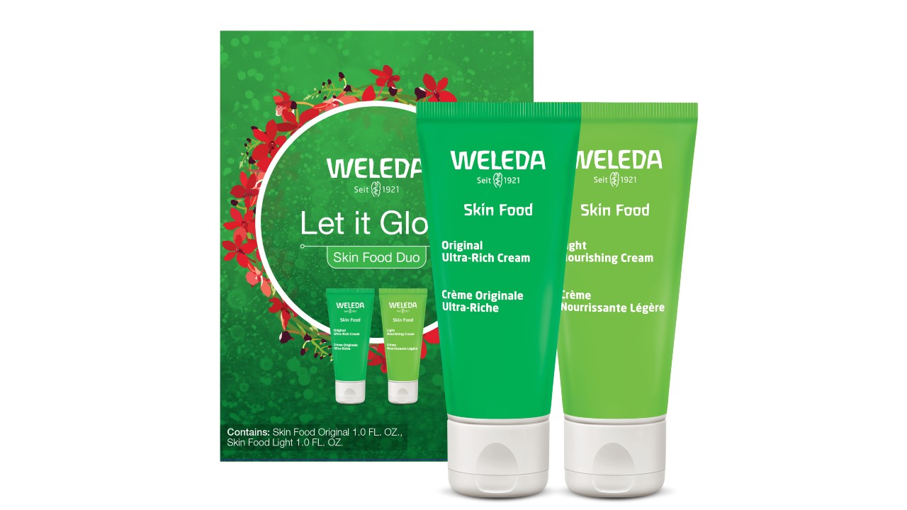 boxed gift set with two bottles of Weleda Skinfood cream