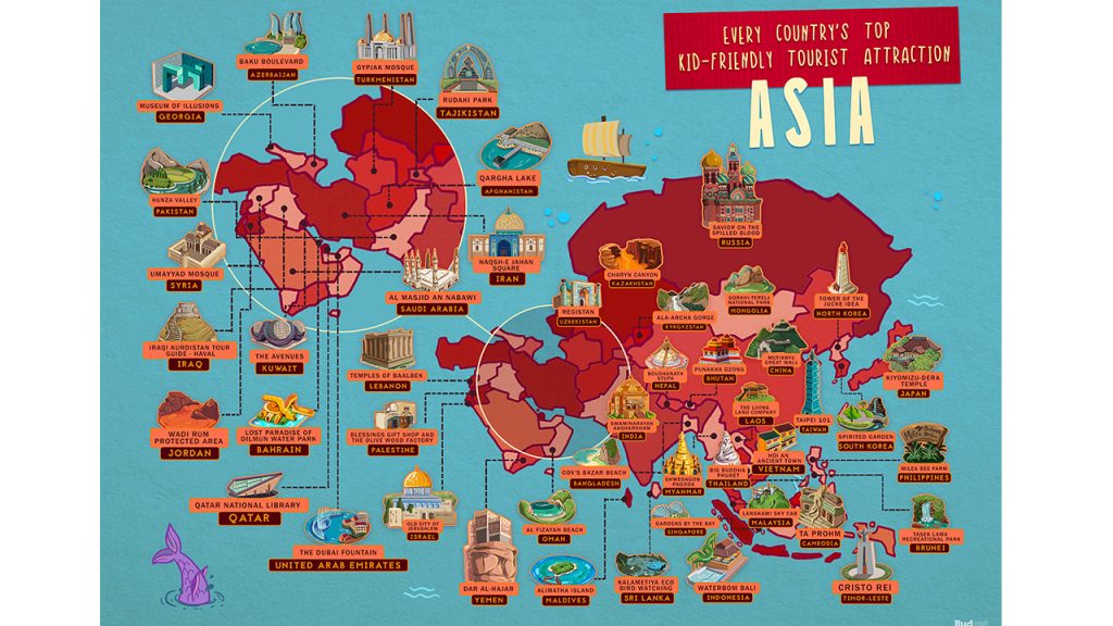 map of asia with top attractions highlighted