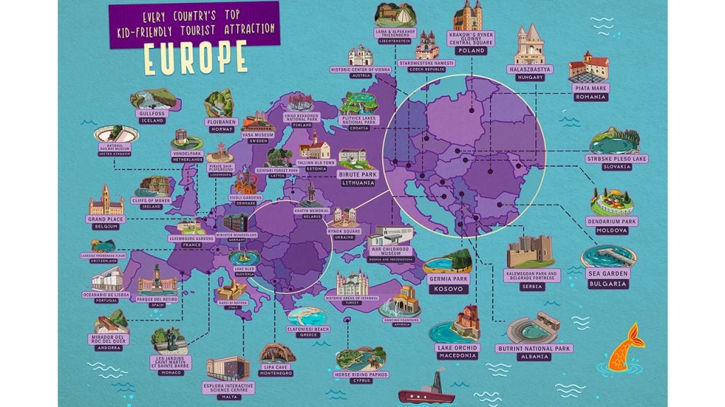 map of europe with top attractions highlighted