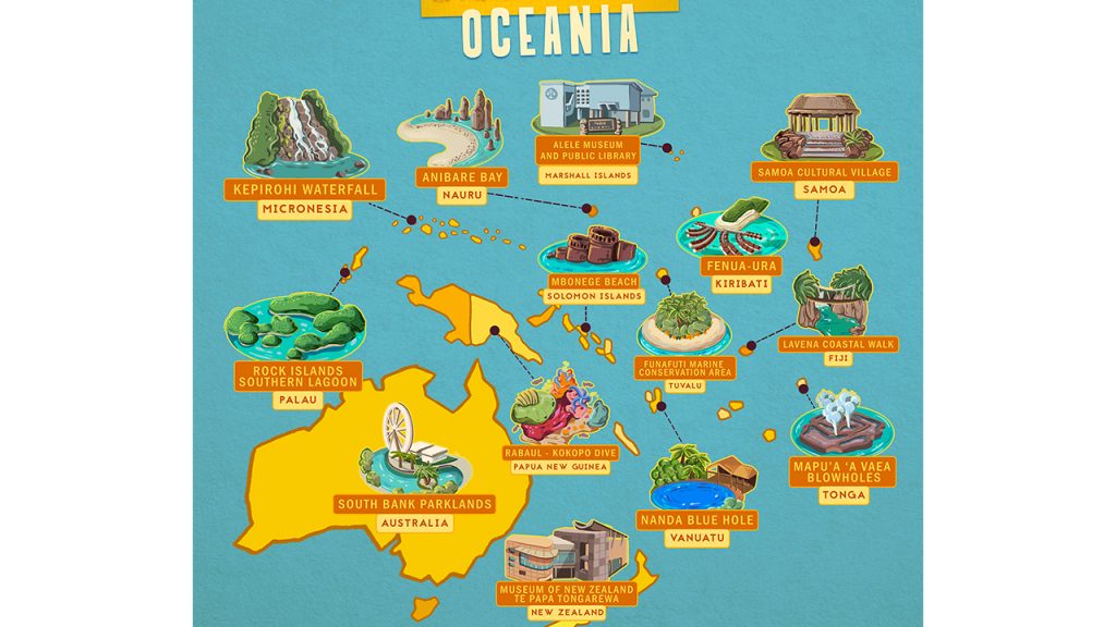 map of oceania with top attractions highlighted