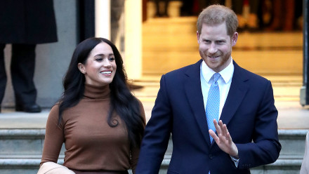 Prince Harry and Meghan Markle walking down stairs