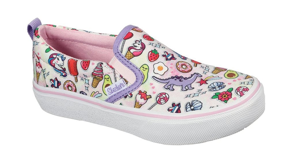 kids shoe with print featuring trendy objects like unicorns and avocados