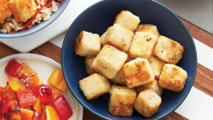 bowl of crispy tofu cubes