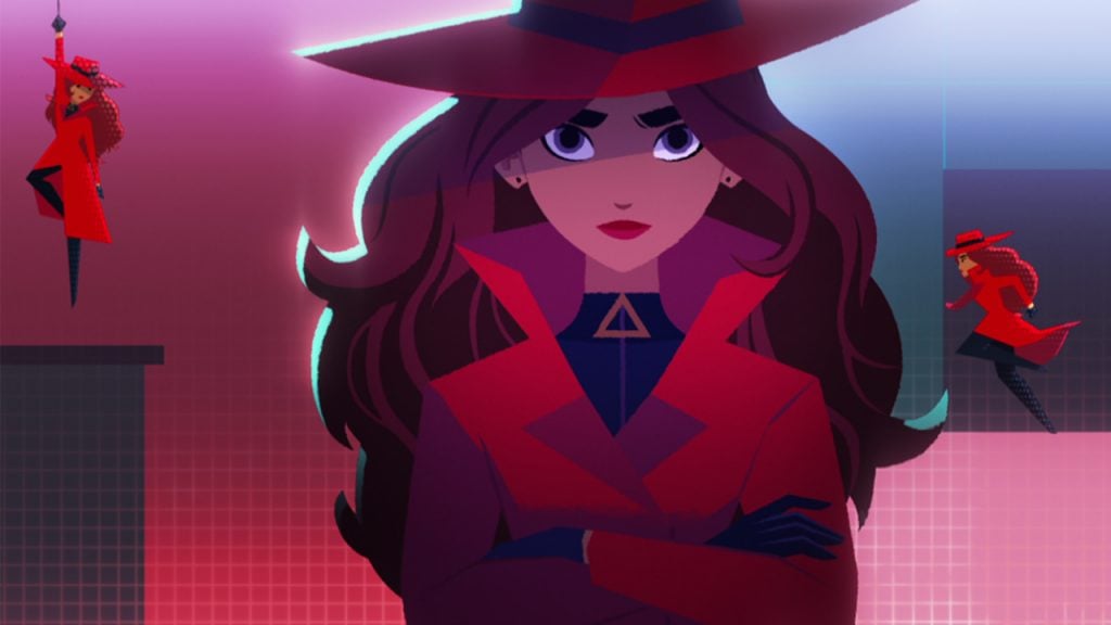 animated woman in a red spy outfit