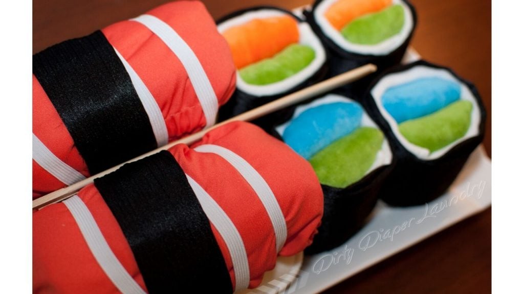 Six pieces of sushi shaped diaper cakes