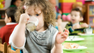 Toddler drinks milk during lunch time at daycare