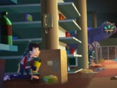 an animated kid hides from a monster while talking on his walkietalkie