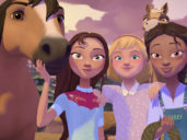 a group od animated kids pose with their horses