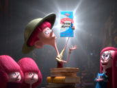 animated kids look up at a woman holding up a pamphlet that is shining