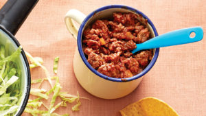 camping cup with cooked ground meat