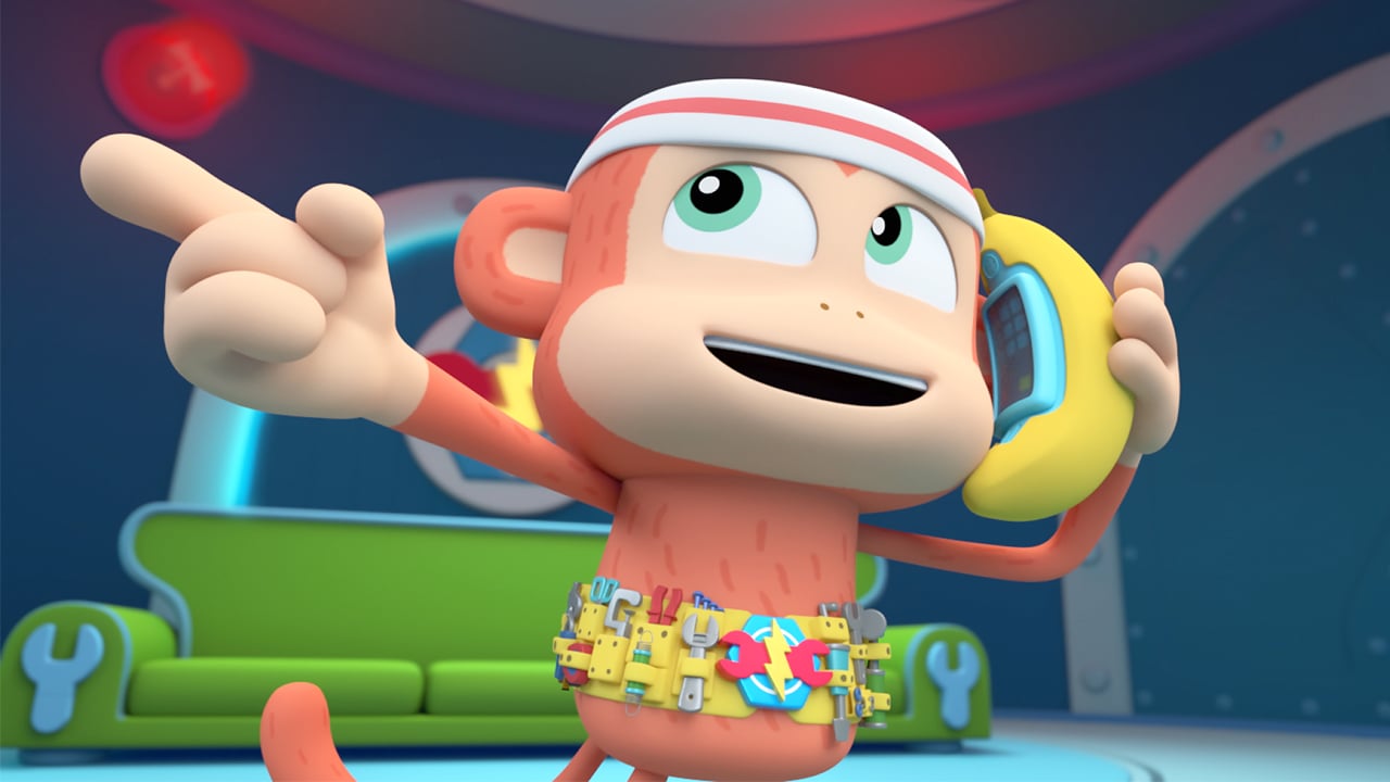Animated monkey wearing a tool belt while talking on a banana phone
